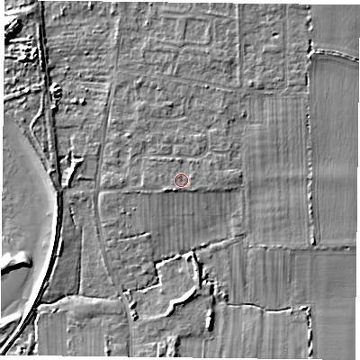 Shaded relief map of the ground around PO110LU, computed from Environment Agency LiDAR. The ground here sits at about 4 m above sea level and falls 8 m across the surrounding 800 m. Surface water reaching this point runs off ground lying to the south-east, 0.7 m higher.