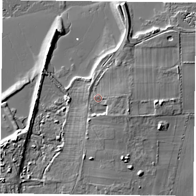 Shaded relief map of the ground around PO110LW, computed from Environment Agency LiDAR. The ground here sits at about 5 m above sea level and falls 11 m across the surrounding 800 m. Surface water reaching this point runs off ground lying to the east, 2.1 m higher.