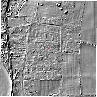 Shaded relief map of the ground around PO110LX, computed from Environment Agency LiDAR. The ground here sits at about 4 m above sea level and falls 9 m across the surrounding 800 m. Surface water reaching this point runs off ground lying to the north-north-east, 4.4 m higher.