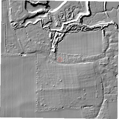 Shaded relief map of the ground around PO110ND, computed from Environment Agency LiDAR. The ground here sits at about 3 m above sea level and falls 9 m across the surrounding 800 m. Surface water reaching this point runs off ground lying to the north-east, 5.3 m higher.