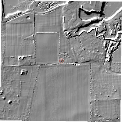 Shaded relief map of the ground around PO110NF, computed from Environment Agency LiDAR. The ground here sits at about 3 m above sea level and falls 11 m across the surrounding 800 m. Surface water reaching this point runs off ground lying to the west-south-west, 5.5 m higher.