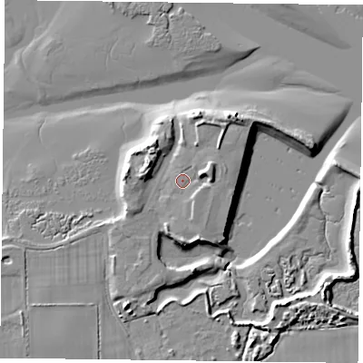 Shaded relief map of the ground around PO110NH, computed from Environment Agency LiDAR. The ground here sits at about 4 m above sea level and falls 10 m across the surrounding 800 m. Surface water reaching this point runs off ground lying to the east-north-east, 3.5 m higher.