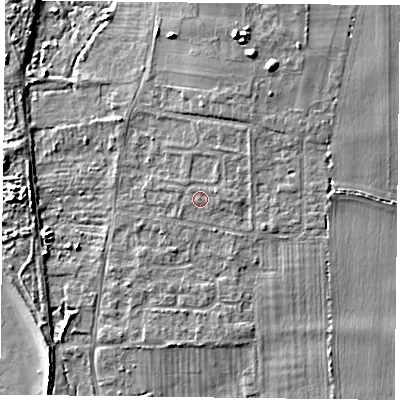 Shaded relief map of the ground around PO110NJ, computed from Environment Agency LiDAR. The ground here sits at about 4 m above sea level and falls 9 m across the surrounding 800 m. Surface water reaching this point runs off ground lying to the east-north-east, 0.9 m higher.
