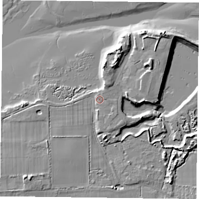 Shaded relief map of the ground around PO110NQ, computed from Environment Agency LiDAR. The ground here sits at about 4 m above sea level and falls 10 m across the surrounding 800 m. Surface water reaching this point runs off ground lying to the south-west, 3.5 m higher.