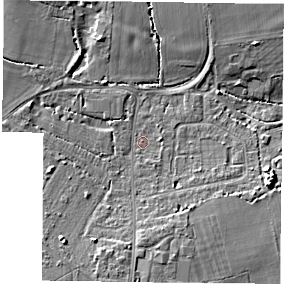 Shaded relief map of the ground around PO110NX, computed from Environment Agency LiDAR. The ground here sits at about 4 m above sea level and falls 8 m across the surrounding 800 m. Surface water reaching this point runs off ground lying to the south, 3.8 m higher.