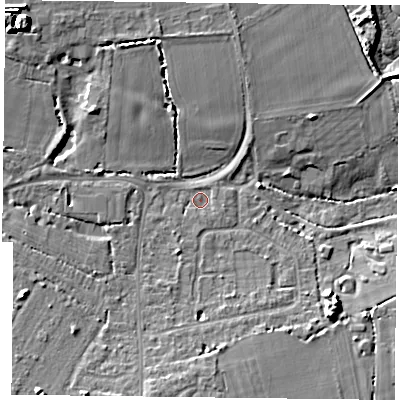 Shaded relief map of the ground around PO110NZ, computed from Environment Agency LiDAR. The ground here sits at about 3 m above sea level and falls 11 m across the surrounding 800 m. Surface water reaching this point runs off ground lying to the south, 4.0 m higher.