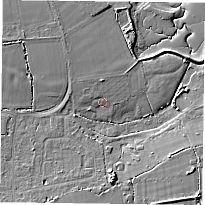Shaded relief map of the ground around PO110PA, computed from Environment Agency LiDAR. The ground here sits at about 3 m above sea level and falls 10 m across the surrounding 800 m. Surface water reaching this point runs off ground lying to the north, 3.5 m higher.
