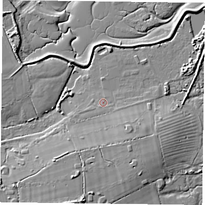 Shaded relief map of the ground around PO110PB, computed from Environment Agency LiDAR. The ground here sits at about 2 m above sea level and falls 10 m across the surrounding 800 m. Surface water reaching this point runs off ground lying to the south-east, 2.6 m higher.