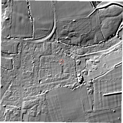 Shaded relief map of the ground around PO110PD, computed from Environment Agency LiDAR. The ground here sits at about 4 m above sea level and falls 9 m across the surrounding 800 m. Surface water reaching this point runs off ground lying to the south-south-east, 3.5 m higher.