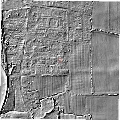 Shaded relief map of the ground around PO110PN, computed from Environment Agency LiDAR. The ground here sits at about 4 m above sea level and falls 6 m across the surrounding 800 m. Surface water reaching this point runs off ground lying to the south, 0.6 m higher.