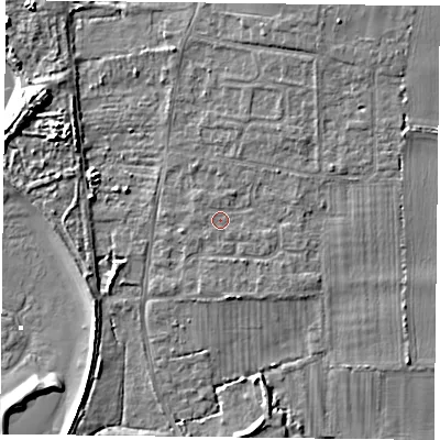 Shaded relief map of the ground around PO110PW, computed from Environment Agency LiDAR. The ground here sits at about 3 m above sea level and falls 8 m across the surrounding 800 m. Surface water reaching this point runs off ground lying to the north-north-east, 3.8 m higher.