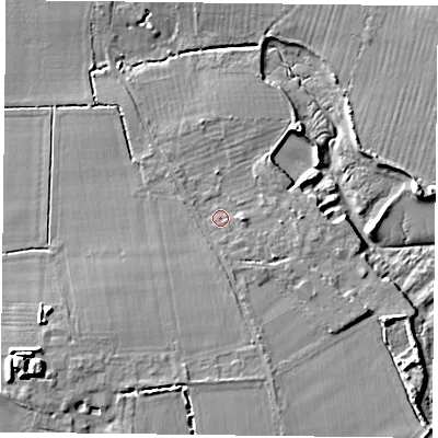 Shaded relief map of the ground around PO110PX, computed from Environment Agency LiDAR. The ground here sits at about 4 m above sea level and falls 12 m across the surrounding 800 m. Surface water reaching this point runs off ground lying to the east, 1.4 m higher.