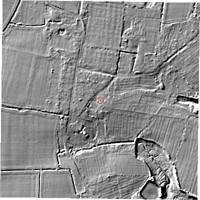 Shaded relief map of the ground around PO110QE, computed from Environment Agency LiDAR. The ground here sits at about 5 m above sea level and falls 6 m across the surrounding 800 m. Surface water reaching this point runs off ground lying to the north-north-west, 1.1 m higher.