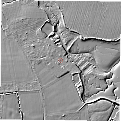 Shaded relief map of the ground around PO110QQ, computed from Environment Agency LiDAR. The ground here sits at about 3 m above sea level and falls 8 m across the surrounding 800 m. Surface water reaching this point runs off ground lying to the west, 1.5 m higher.