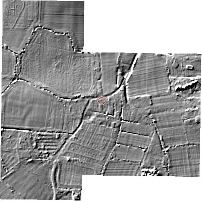 Shaded relief map of the ground around PO110RJ, computed from Environment Agency LiDAR. The ground here sits at about 5 m above sea level and falls 6 m across the surrounding 800 m. Surface water reaching this point runs off ground lying to the west, 1.8 m higher.