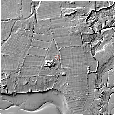Shaded relief map of the ground around PO110RL, computed from Environment Agency LiDAR. The ground here sits at about 5 m above sea level and falls 9 m across the surrounding 800 m. Surface water reaching this point runs off ground lying to the south-west, 1.7 m higher.
