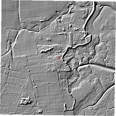 Shaded relief map of the ground around PO110RN, computed from Environment Agency LiDAR. The ground here sits at about 3 m above sea level and falls 7 m across the surrounding 800 m. Surface water reaching this point runs off ground lying to the east-south-east, 1.5 m higher.