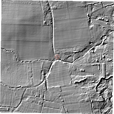Shaded relief map of the ground around PO110RP, computed from Environment Agency LiDAR. The ground here sits at about 2 m above sea level and falls 7 m across the surrounding 800 m. Surface water reaching this point runs off ground lying to the north-west, 6.7 m higher.