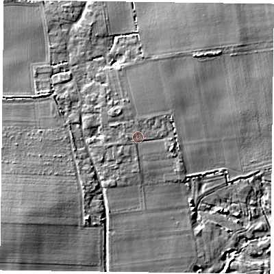 Shaded relief map of the ground around PO110SA, computed from Environment Agency LiDAR. The ground here sits at about 4 m above sea level and falls 7 m across the surrounding 800 m. Surface water reaching this point runs off ground lying to the west, 0.9 m higher.