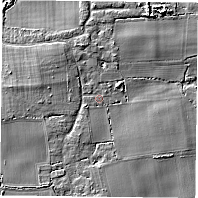 Shaded relief map of the ground around PO110SD, computed from Environment Agency LiDAR. The ground here sits at about 4 m above sea level and falls 5 m across the surrounding 800 m. Surface water reaching this point runs off ground lying to the north-west, 2.9 m higher.