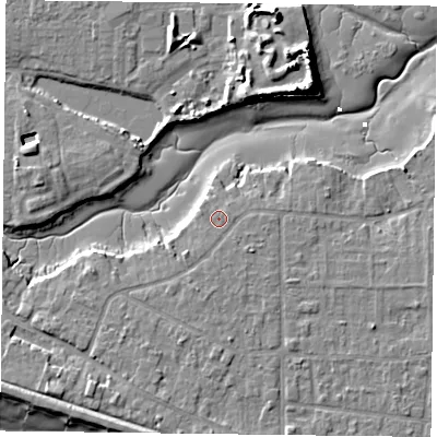 Shaded relief map of the ground around PO119BT, computed from Environment Agency LiDAR. The ground here sits at about 4 m above sea level and falls 11 m across the surrounding 800 m. The ground contributing surface water to this point lies to the west-north-west.