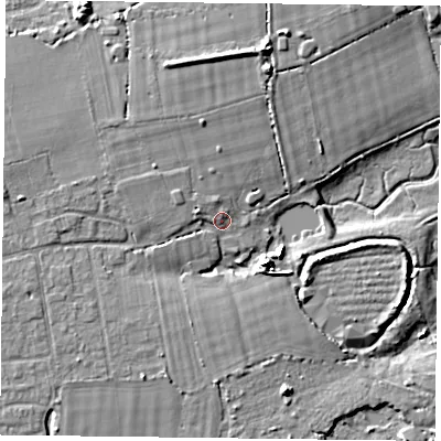 Shaded relief map of the ground around PO119DL, computed from Environment Agency LiDAR. The ground here sits at about 5 m above sea level and falls 9 m across the surrounding 800 m. Surface water reaching this point runs off ground lying to the west-north-west, 2.5 m higher.