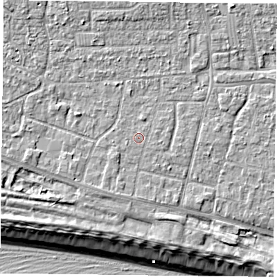 Shaded relief map of the ground around PO119EZ, computed from Environment Agency LiDAR. The ground here sits at about 5 m above sea level and falls 9 m across the surrounding 800 m. The ground contributing surface water to this point lies to the north-north-east.