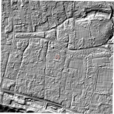 Shaded relief map of the ground around PO119FF, computed from Environment Agency LiDAR. The ground here sits at about 5 m above sea level and falls 7 m across the surrounding 800 m. Surface water reaching this point runs off ground lying to the south, 0.5 m higher.