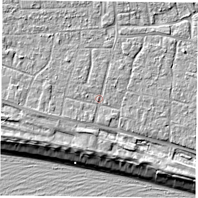 Shaded relief map of the ground around PO119HD, computed from Environment Agency LiDAR. The ground here sits at about 5 m above sea level and falls 9 m across the surrounding 800 m. Surface water reaching this point runs off ground lying to the west-south-west, 1.2 m higher.