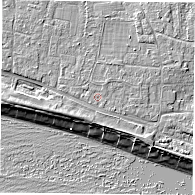 Shaded relief map of the ground around PO119HL, computed from Environment Agency LiDAR. The ground here sits at about 5 m above sea level and falls 9 m across the surrounding 800 m. Surface water reaching this point runs off ground lying to the south, 0.6 m higher.