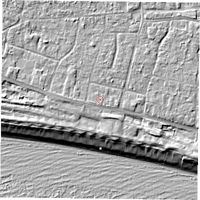 Shaded relief map of the ground around PO119HP, computed from Environment Agency LiDAR. The ground here sits at about 5 m above sea level and falls 9 m across the surrounding 800 m. Surface water reaching this point runs off ground lying to the west-south-west, 0.6 m higher.