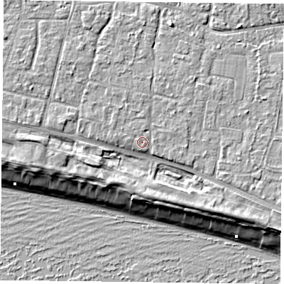 Shaded relief map of the ground around PO119HW, computed from Environment Agency LiDAR. The ground here sits at about 5 m above sea level and falls 9 m across the surrounding 800 m. Surface water reaching this point runs off ground lying to the south-east, 3.6 m higher.