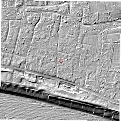Shaded relief map of the ground around PO119HX, computed from Environment Agency LiDAR. The ground here sits at about 5 m above sea level and falls 9 m across the surrounding 800 m. Surface water reaching this point runs off ground lying to the north-west, 0.8 m higher.
