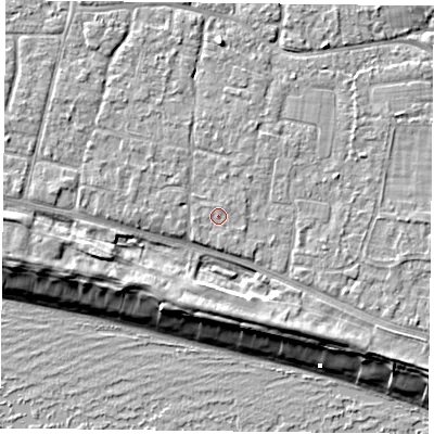Shaded relief map of the ground around PO119HY, computed from Environment Agency LiDAR. The ground here sits at about 5 m above sea level and falls 9 m across the surrounding 800 m. Surface water reaching this point runs off ground lying to the south-south-east, 3.6 m higher.