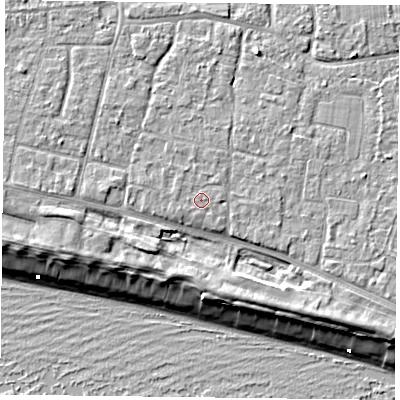 Shaded relief map of the ground around PO119HZ, computed from Environment Agency LiDAR. The ground here sits at about 5 m above sea level and falls 9 m across the surrounding 800 m. Surface water reaching this point runs off ground lying to the north-north-west, 0.7 m higher.