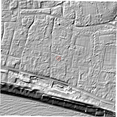 Shaded relief map of the ground around PO119JA, computed from Environment Agency LiDAR. The ground here sits at about 5 m above sea level and falls 9 m across the surrounding 800 m. Surface water reaching this point runs off ground lying to the east-south-east, 0.5 m higher.