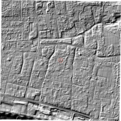 Shaded relief map of the ground around PO119JB, computed from Environment Agency LiDAR. The ground here sits at about 5 m above sea level and falls 7 m across the surrounding 800 m. The ground contributing surface water to this point lies to the east.