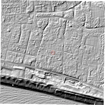 Shaded relief map of the ground around PO119JD, computed from Environment Agency LiDAR. The ground here sits at about 5 m above sea level and falls 9 m across the surrounding 800 m. Surface water reaching this point runs off ground lying to the north-north-west, 0.6 m higher.