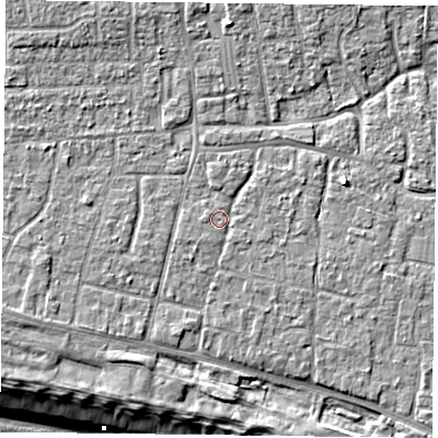 Shaded relief map of the ground around PO119JE, computed from Environment Agency LiDAR. The ground here sits at about 5 m above sea level and falls 9 m across the surrounding 800 m. Surface water reaching this point runs off ground lying to the west, 0.8 m higher.