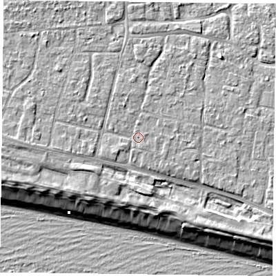 Shaded relief map of the ground around PO119JF, computed from Environment Agency LiDAR. The ground here sits at about 5 m above sea level and falls 9 m across the surrounding 800 m. Surface water reaching this point runs off ground lying to the west, 1.2 m higher.