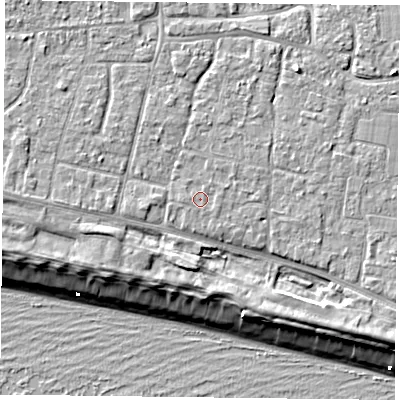 Shaded relief map of the ground around PO119JG, computed from Environment Agency LiDAR. The ground here sits at about 5 m above sea level and falls 9 m across the surrounding 800 m. Surface water reaching this point runs off ground lying to the west, 0.5 m higher.