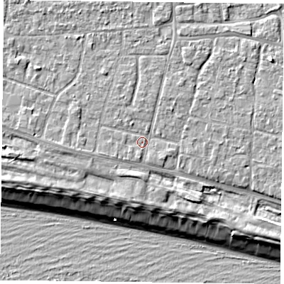 Shaded relief map of the ground around PO119JH, computed from Environment Agency LiDAR. The ground here sits at about 5 m above sea level and falls 9 m across the surrounding 800 m. Surface water reaching this point runs off ground lying to the west, 1.2 m higher.
