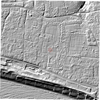 Shaded relief map of the ground around PO119JJ, computed from Environment Agency LiDAR. The ground here sits at about 5 m above sea level and falls 9 m across the surrounding 800 m. The ground contributing surface water to this point lies to the south-south-west.