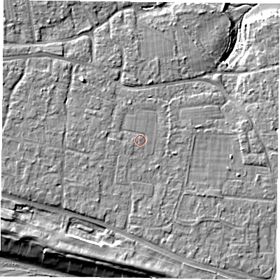 Shaded relief map of the ground around PO119JL, computed from Environment Agency LiDAR. The ground here sits at about 5 m above sea level and falls 9 m across the surrounding 800 m. Surface water reaching this point runs off ground lying to the west-south-west, 0.7 m higher.