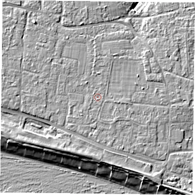 Shaded relief map of the ground around PO119JN, computed from Environment Agency LiDAR. The ground here sits at about 5 m above sea level and falls 9 m across the surrounding 800 m. The ground contributing surface water to this point lies to the west-south-west.