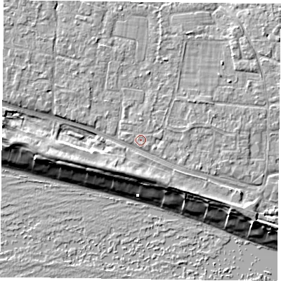 Shaded relief map of the ground around PO119JS, computed from Environment Agency LiDAR. The ground here sits at about 5 m above sea level and falls 9 m across the surrounding 800 m. Surface water reaching this point runs off ground lying to the south-east, 0.9 m higher.