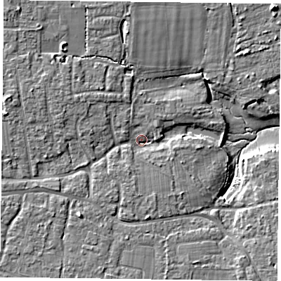 Shaded relief map of the ground around PO119JX, computed from Environment Agency LiDAR. The ground here sits at about 4 m above sea level and falls 8 m across the surrounding 800 m. Surface water reaching this point runs off ground lying to the west-north-west, 5.0 m higher.
