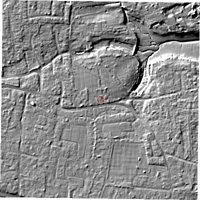Shaded relief map of the ground around PO119JZ, computed from Environment Agency LiDAR. The ground here sits at about 5 m above sea level and falls 7 m across the surrounding 800 m. Surface water reaching this point runs off ground lying to the west-south-west, 1.7 m higher.