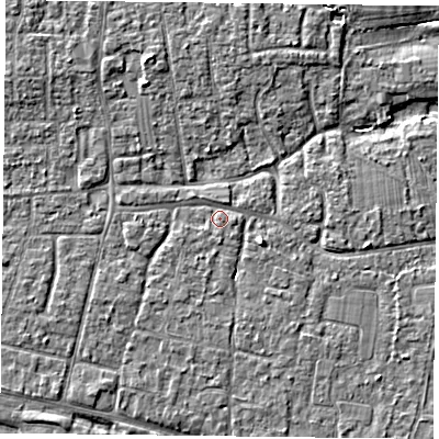 Shaded relief map of the ground around PO119LB, computed from Environment Agency LiDAR. The ground here sits at about 5 m above sea level and falls 5 m across the surrounding 800 m. Surface water reaching this point runs off ground lying to the west, 1.1 m higher.