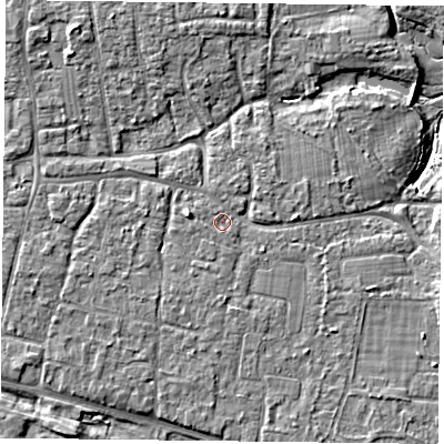 Shaded relief map of the ground around PO119LD, computed from Environment Agency LiDAR. The ground here sits at about 5 m above sea level and falls 7 m across the surrounding 800 m. Surface water reaching this point runs off ground lying to the west, 1.9 m higher.